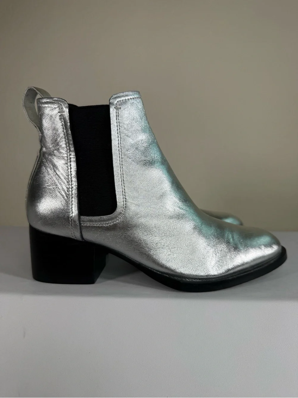 Rag & Bone Silver Metallic Block Heeled Chelsea Ankle Boots Booties Size 36.5